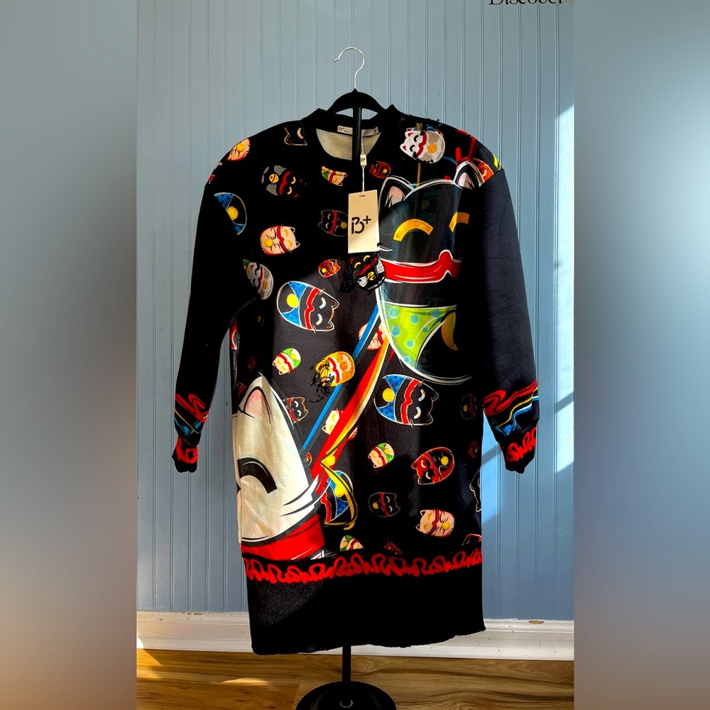 High-end space cotton long-sleeved fortune cat printed long skirt